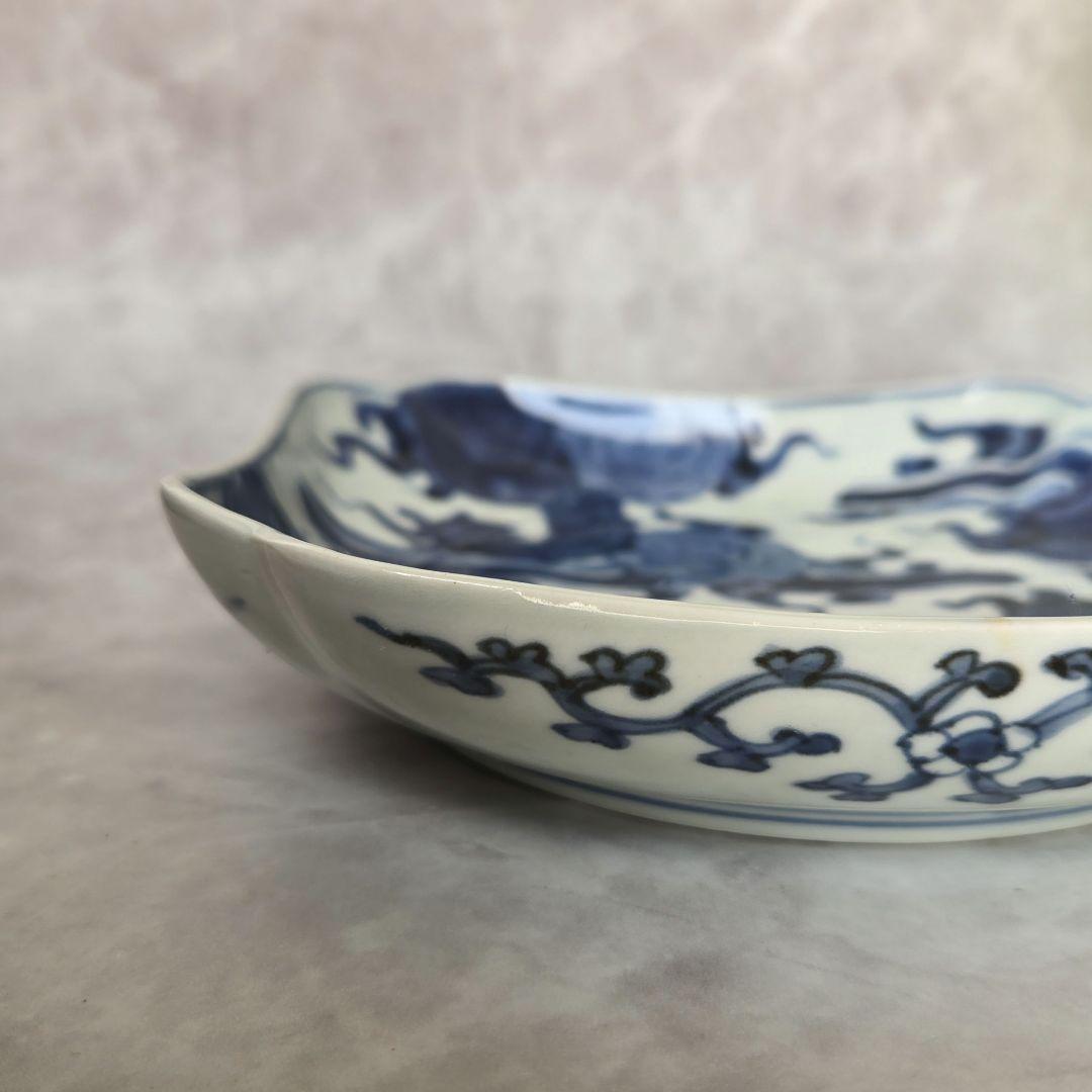 古伊万里　染付　隅入角皿　江戸時代　龍　ドラゴン　金直し　金継ぎ　骨董　和骨董