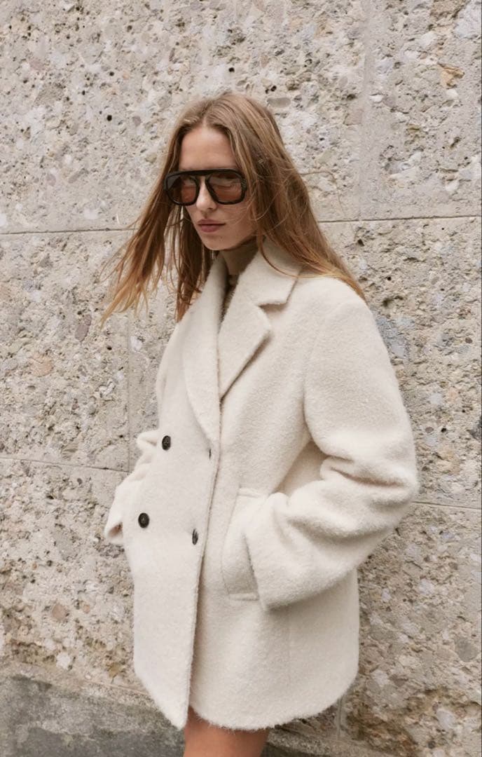 新品タグ付き ZARA ザラ ブークレダブルブレストミディ丈コート