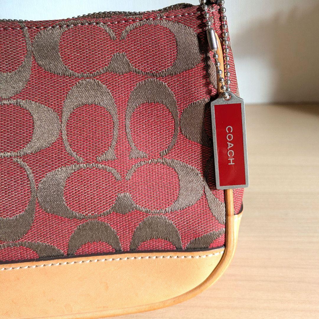 【美品】COACH アクセサリーポーチ ミニバッグ キャンバス レザー レッド