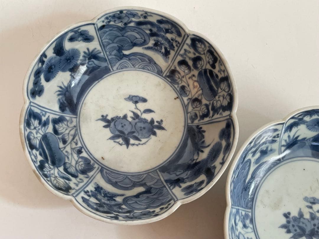骨董　アンティーク　古伊万里　染付　牡丹　輪花縁　膾皿　なます皿　2枚