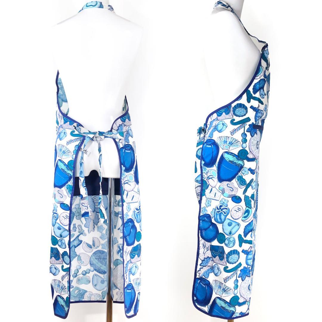 【美品・箱付き】エルメス／調理用エプロン 和洋折衷絵柄／ネイビー