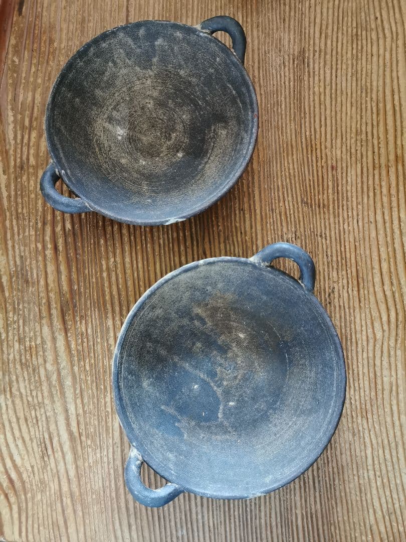 作家物 ギャラリー 個展購入 耳付き墨黒深皿 ワンプレート 2枚ペアセット