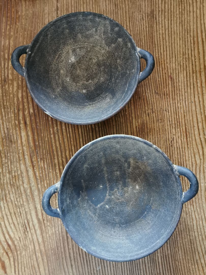 作家物 ギャラリー 個展購入 耳付き墨黒深皿 ワンプレート 2枚ペアセット