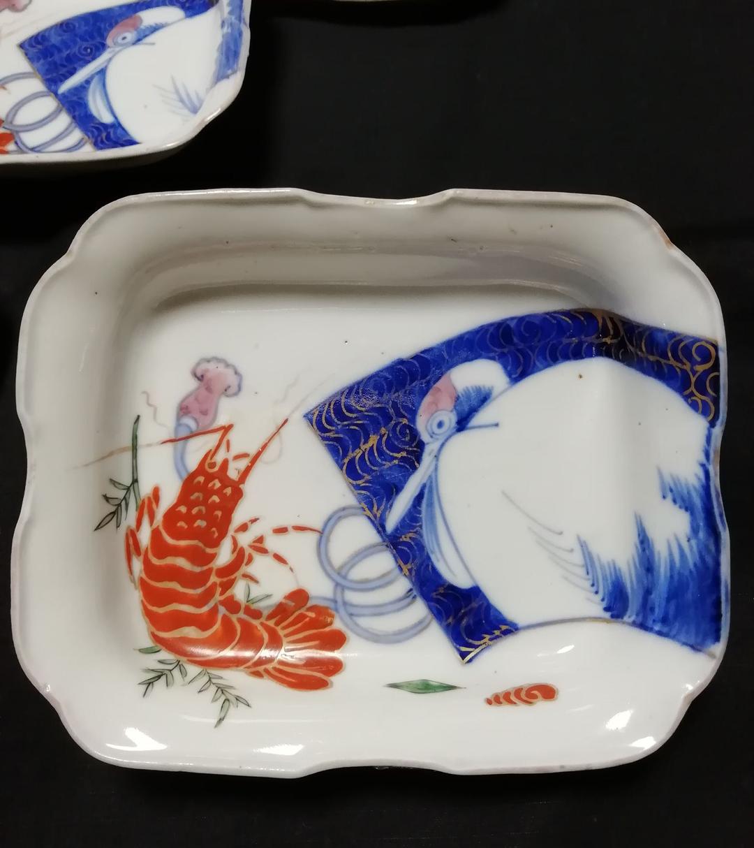 【お値下げ】骨董　古伊万里　江戸時代　色絵向付海老に鶴（五客）　骨董品