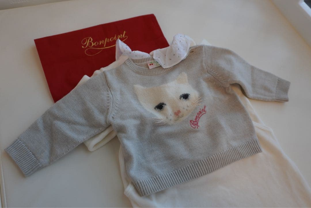 Bonpoint グレー 猫刺繍 セーターロンパース