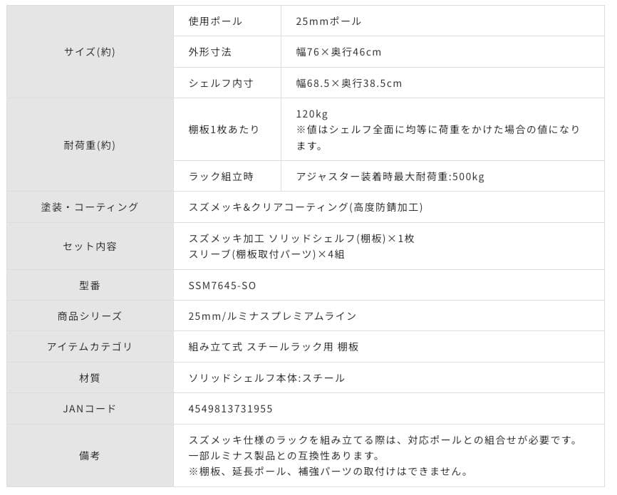 ルミナスプレミアムソリッドシェルフ幅75 奥行45 ポール径25mm 2枚セット