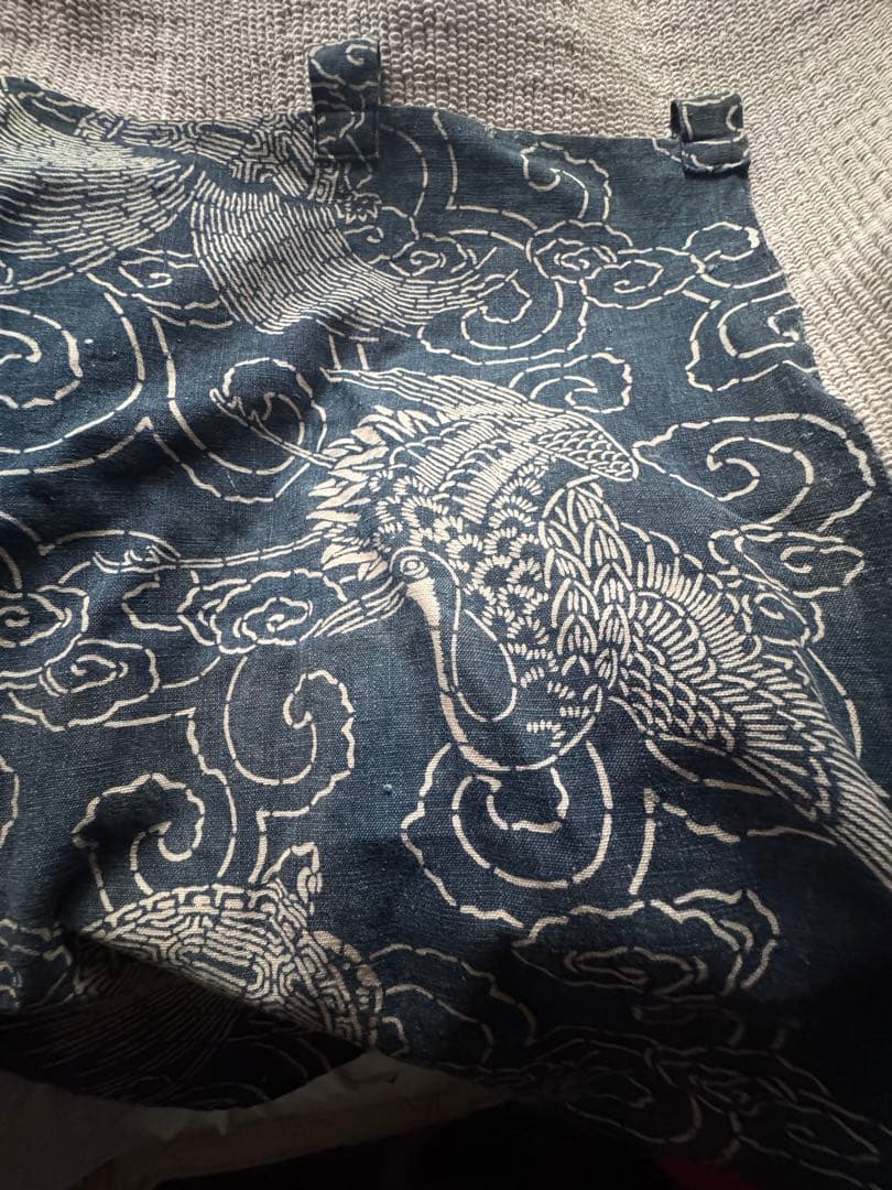 古布大正期　鶴と亀暖簾　のれん　本藍染フェード感が素敵　純和アンティーク