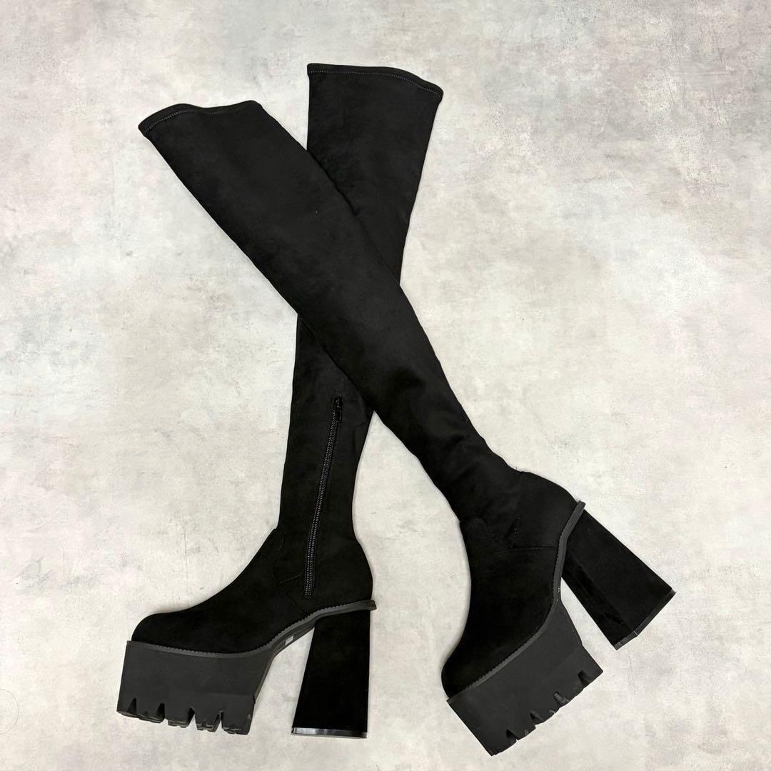 ほぼ新品EMODA スクエアフィット S ロングブーツ ニイハイブーツ 厚底 黒