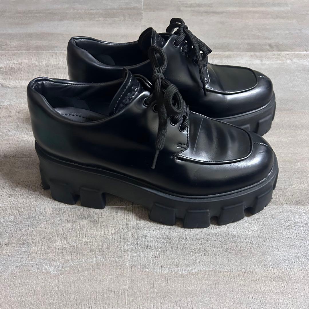 PRADA モノリス レースアップ ブラック レザー シューズ 本革 厚底