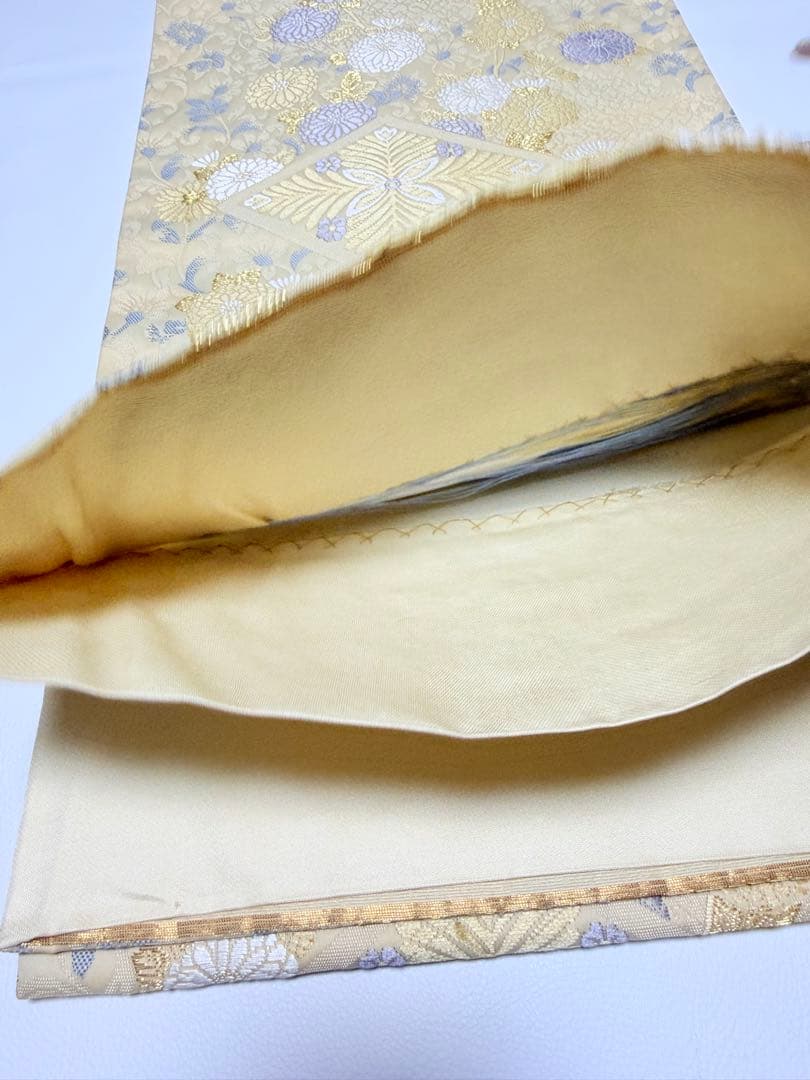 高級 袋帯 六通柄 唐織 ベージュ 七宝柄 フォーマル 訪問着 留袖 色無地