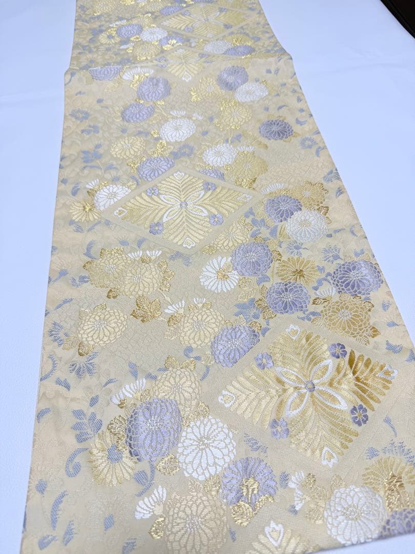 高級 袋帯 六通柄 唐織 ベージュ 七宝柄 フォーマル 訪問着 留袖 色無地