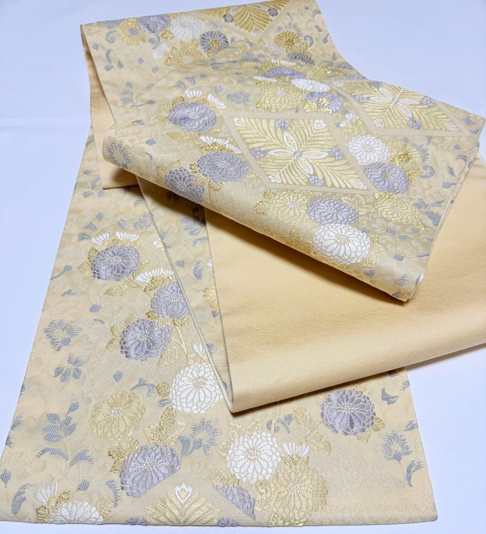 高級 袋帯 六通柄 唐織 ベージュ 七宝柄 フォーマル 訪問着 留袖 色無地