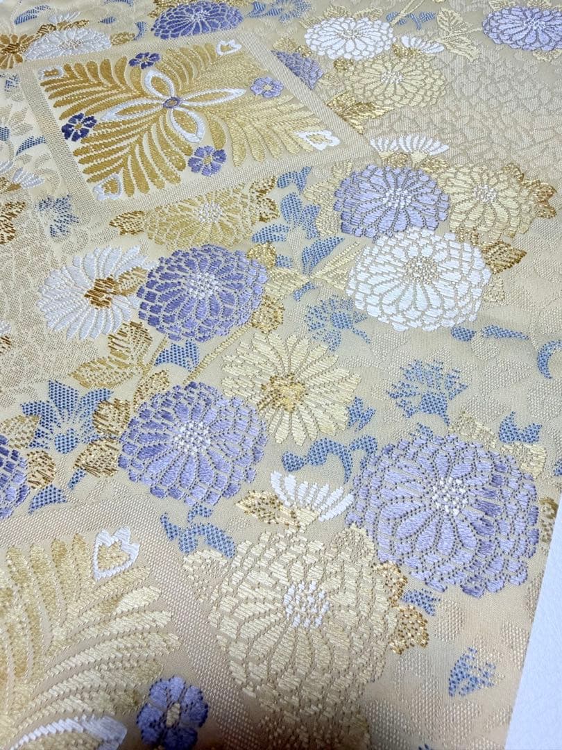 高級 袋帯 六通柄 唐織 ベージュ 七宝柄 フォーマル 訪問着 留袖 色無地