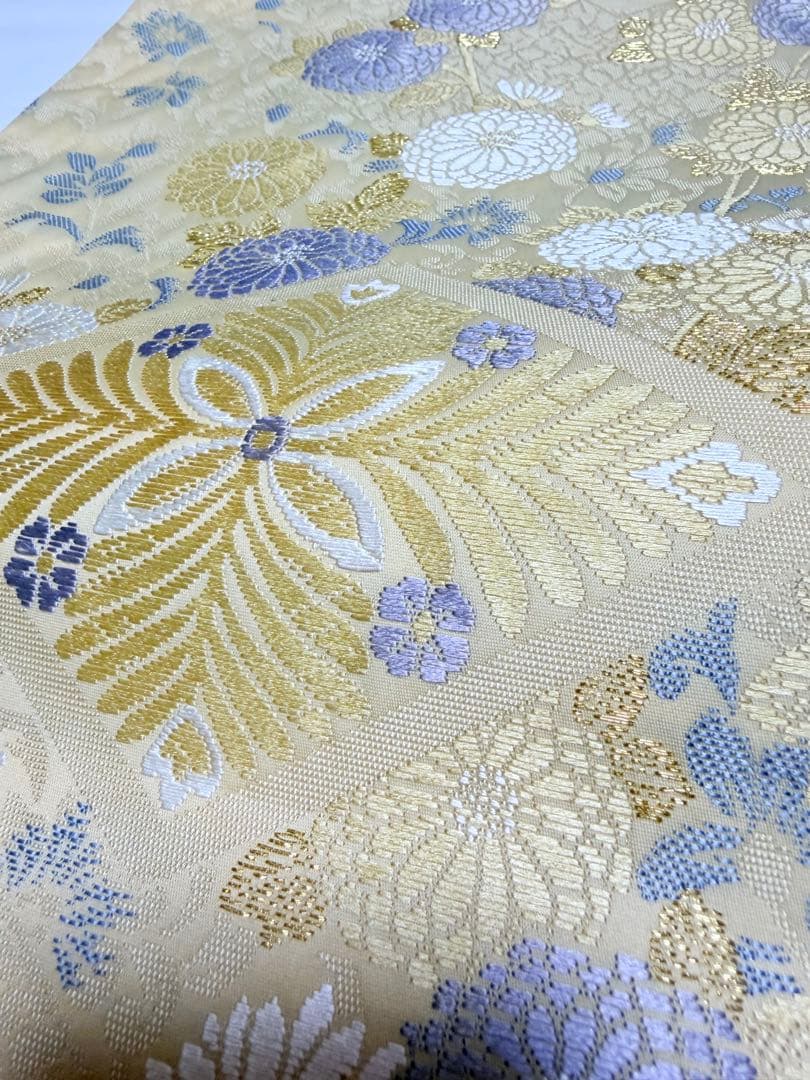 高級 袋帯 六通柄 唐織 ベージュ 七宝柄 フォーマル 訪問着 留袖 色無地