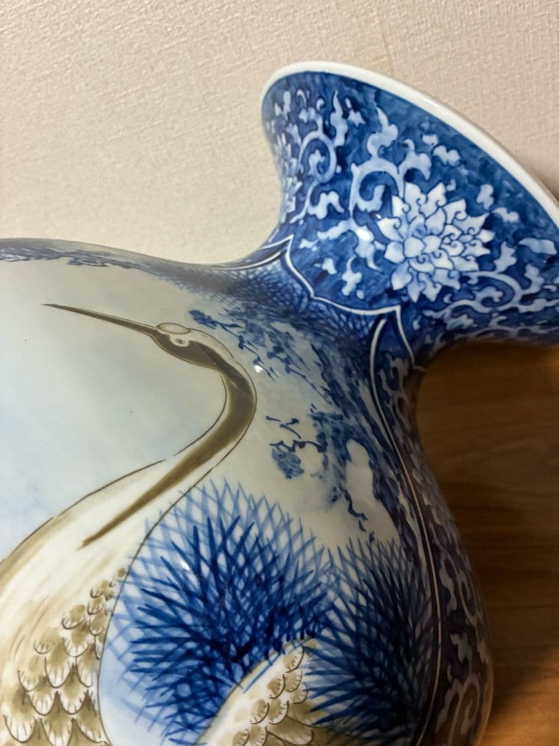 青白陶器花瓶 鶴 鷹 鯉