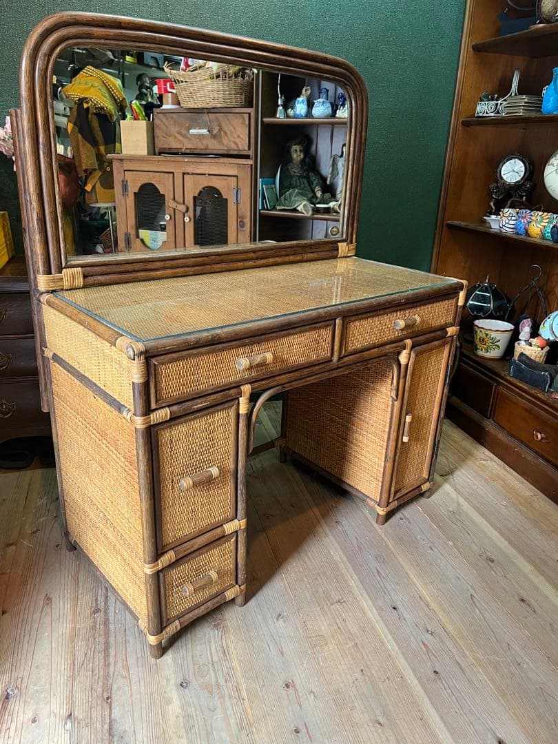 籐 ラタン ドレッサー 鏡台 インテリア 昭和レトロ 椅子