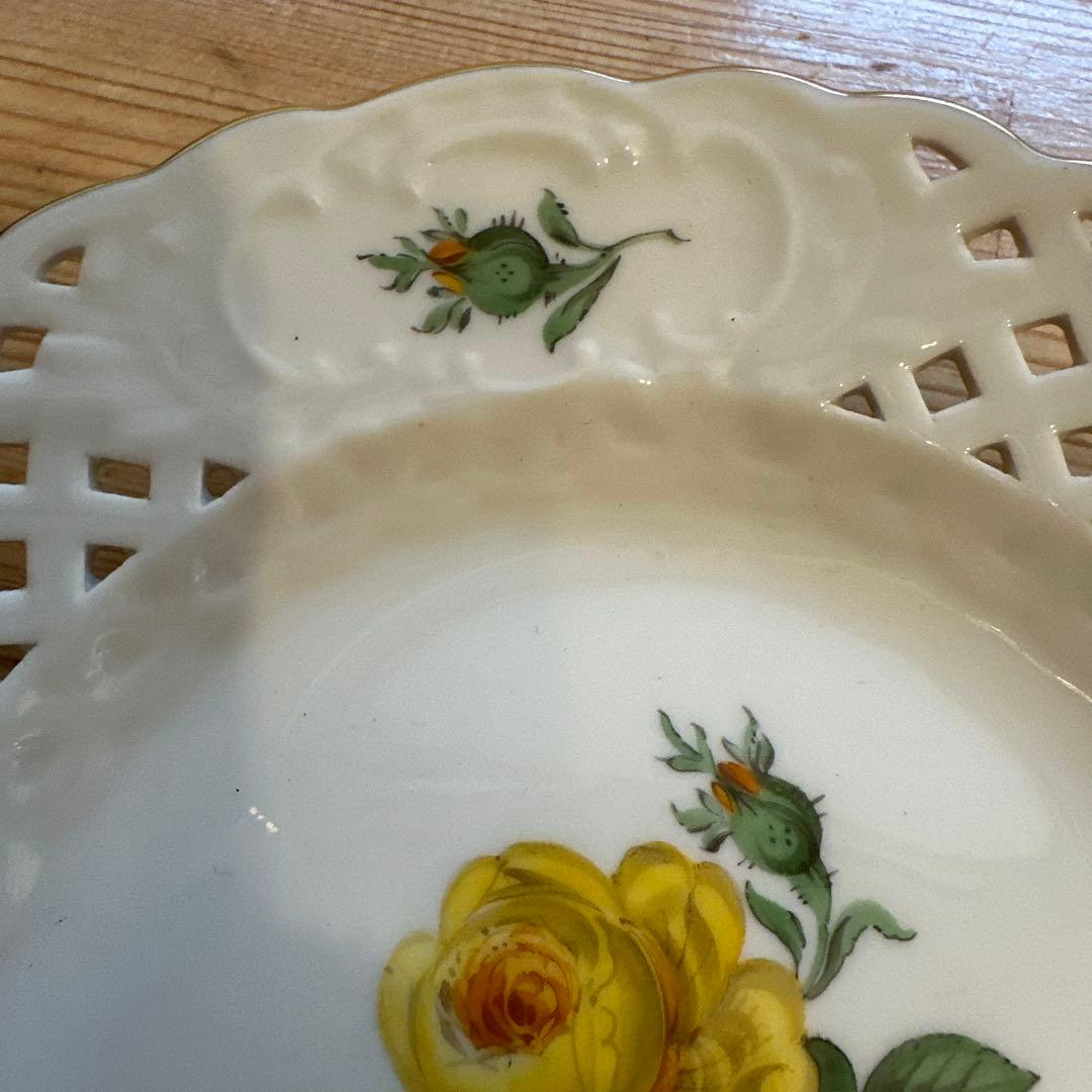 マイセン　イエローローズ　小皿　ケーキ皿　透かし皿　レース