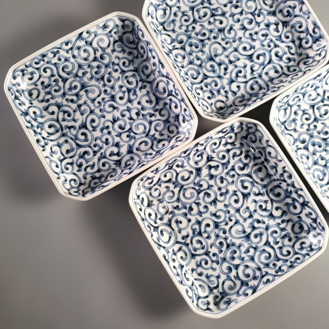 A1385-6/たち吉 橘吉/染付蛸唐草文四方皿5客/銘々皿/飾皿/懐石道具/