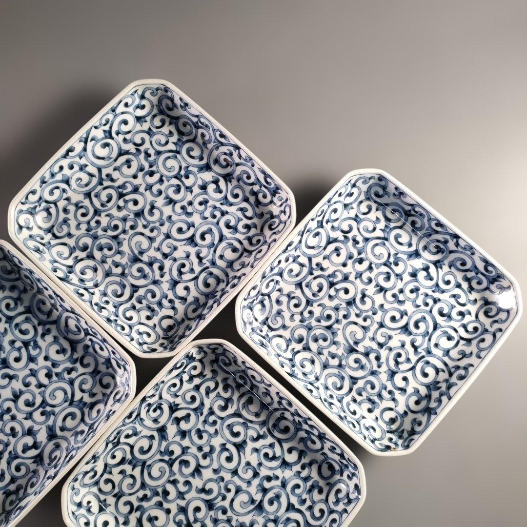 A1385-6/たち吉 橘吉/染付蛸唐草文四方皿5客/銘々皿/飾皿/懐石道具/