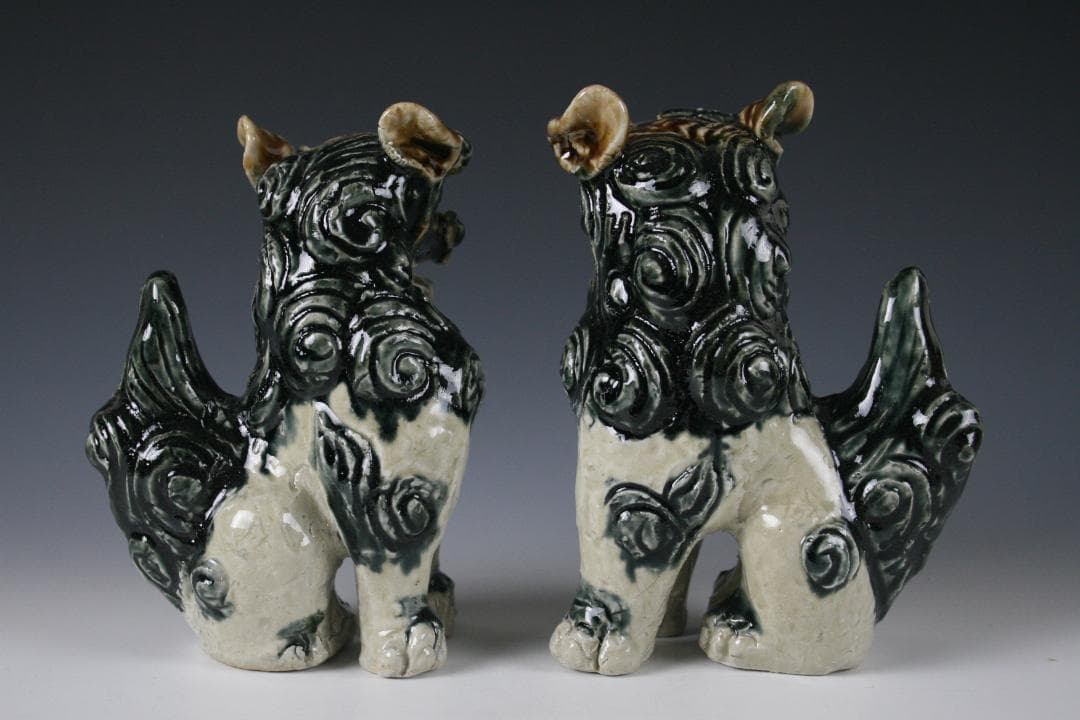 人間国宝金城次郎一門　金城敏徳 作　藍色付立シーサー（中）1対