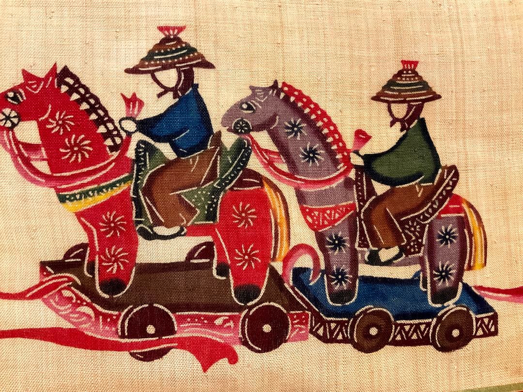 芭蕉布　琉球紅型染め　城間栄順　落款有り　ちんちん馬　額絵　額入り　ウエマツ製