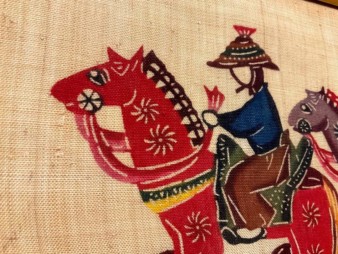 芭蕉布　琉球紅型染め　城間栄順　落款有り　ちんちん馬　額絵　額入り　ウエマツ製