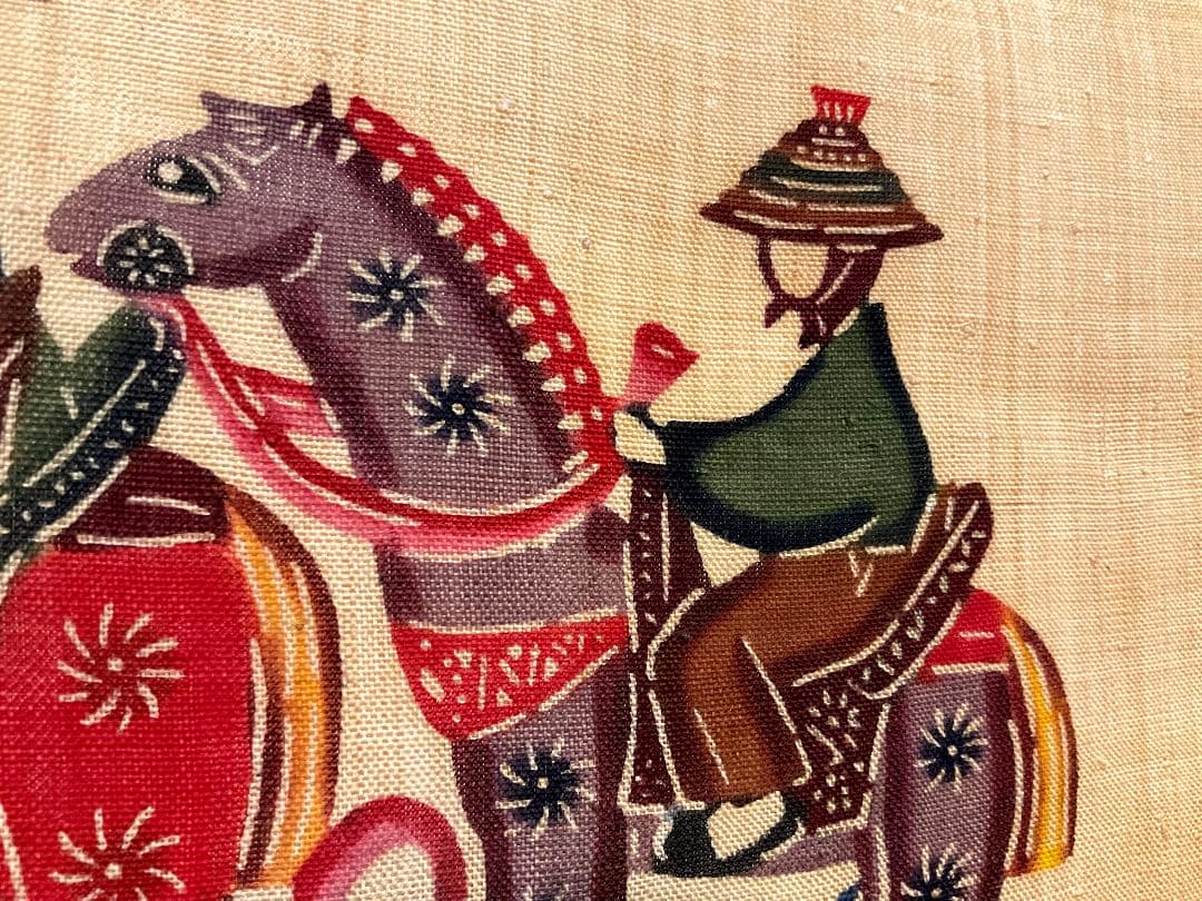 芭蕉布　琉球紅型染め　城間栄順　落款有り　ちんちん馬　額絵　額入り　ウエマツ製