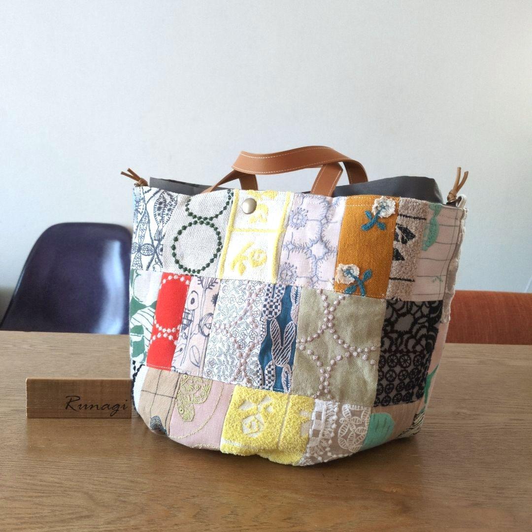 モザイクパッチの巾着付きバケツバッグ＊ミナペルホネン