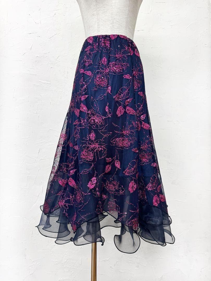 【花柄ラメ】社交ダンス用裾オーガンジー 　ロングフレアスカート紺ピンクｄ026