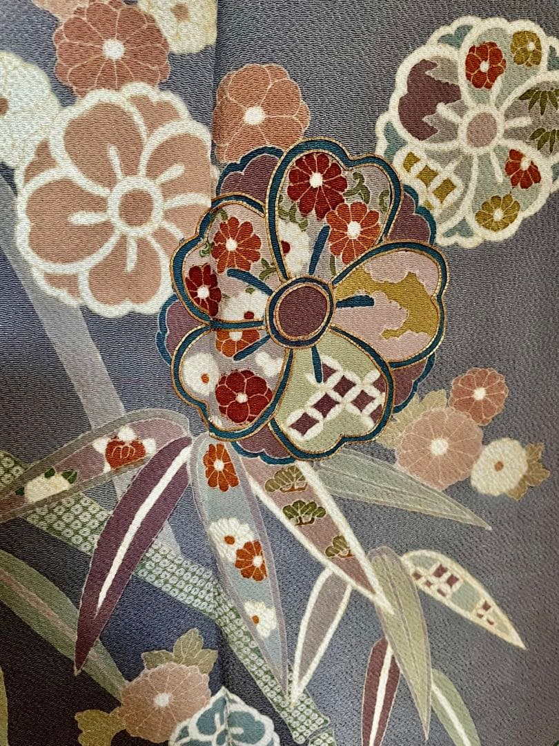 訪問着 金駒刺繍 グレー 縮緬 正絹 上品