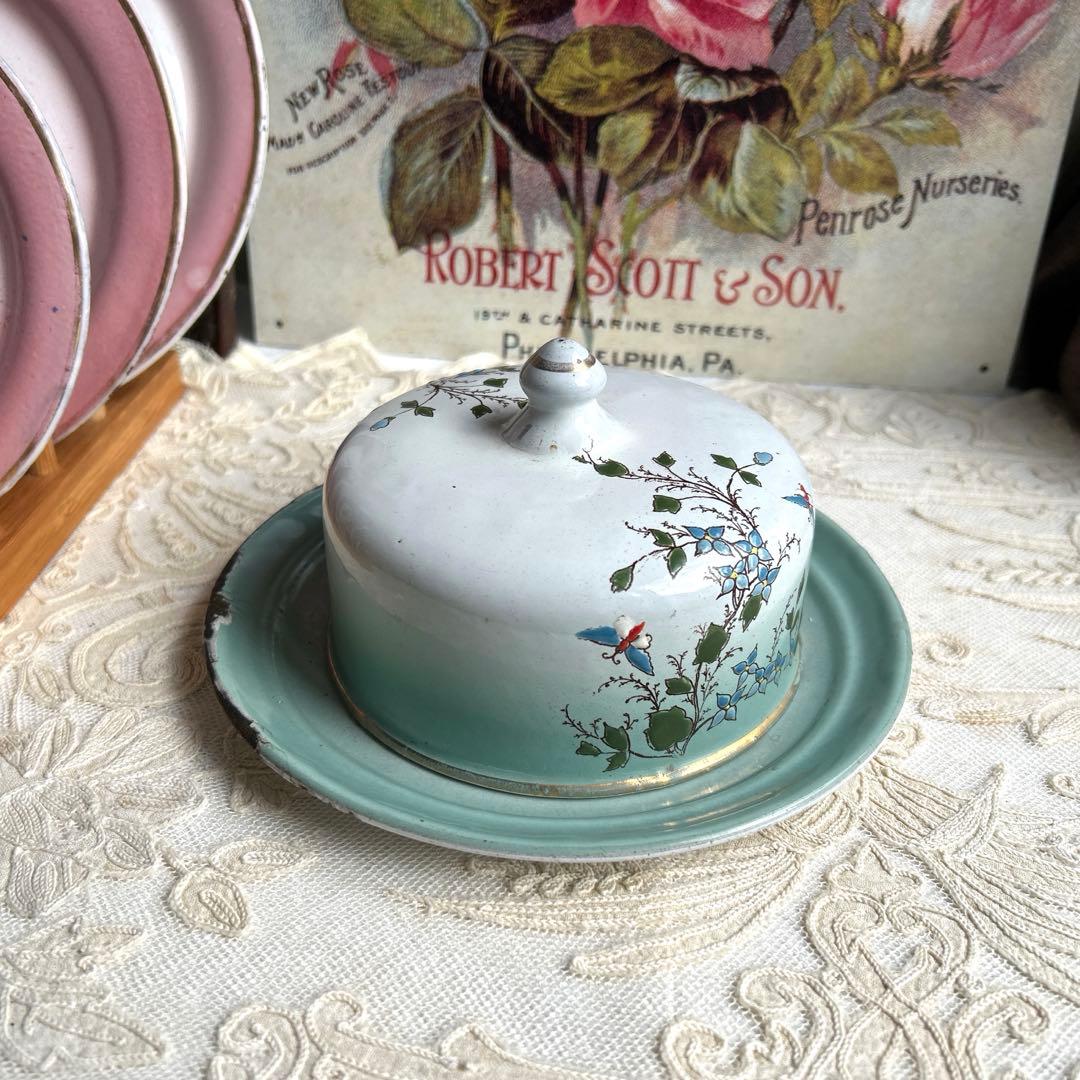 フランスアンティーク　手描きホーローバターポット