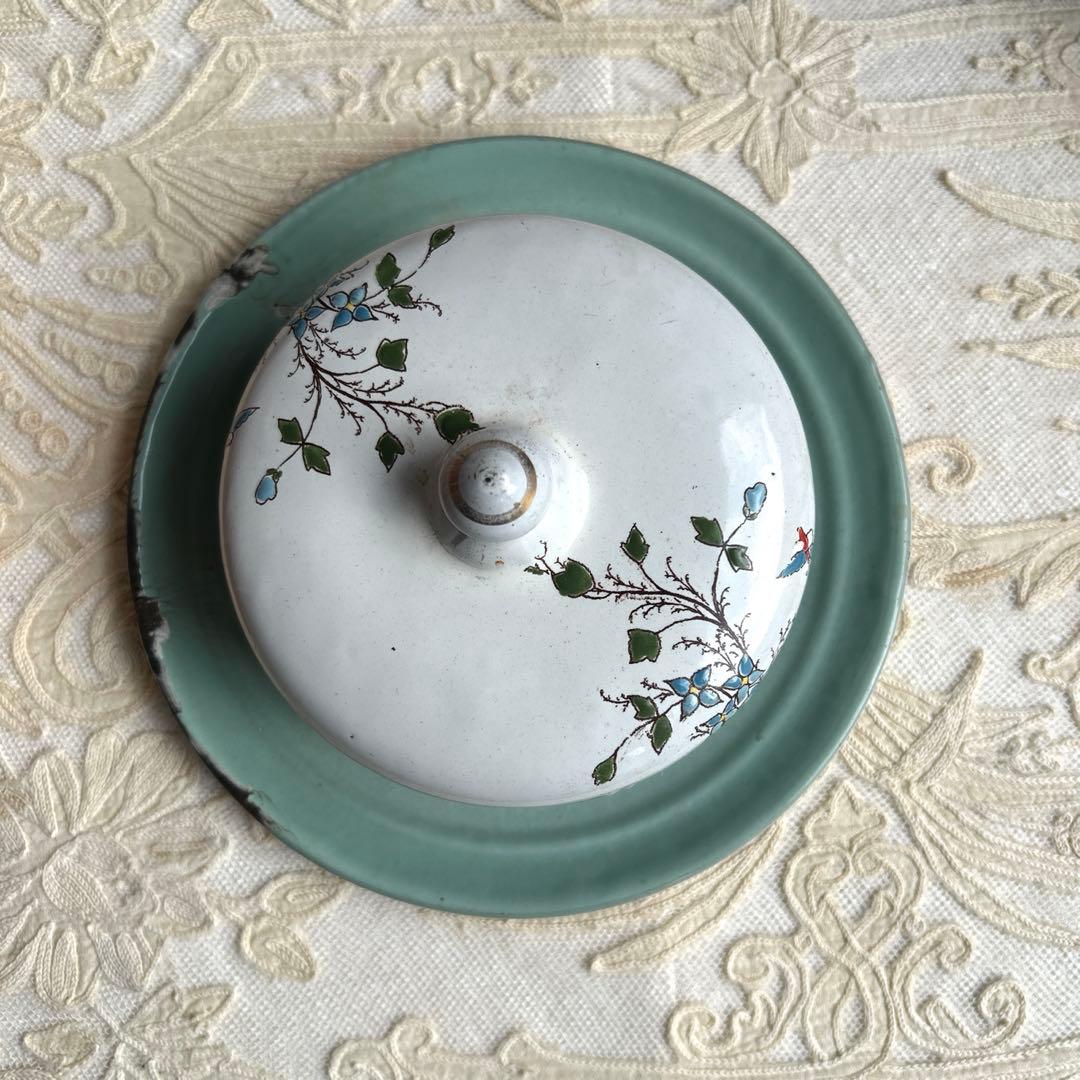 フランスアンティーク　手描きホーローバターポット