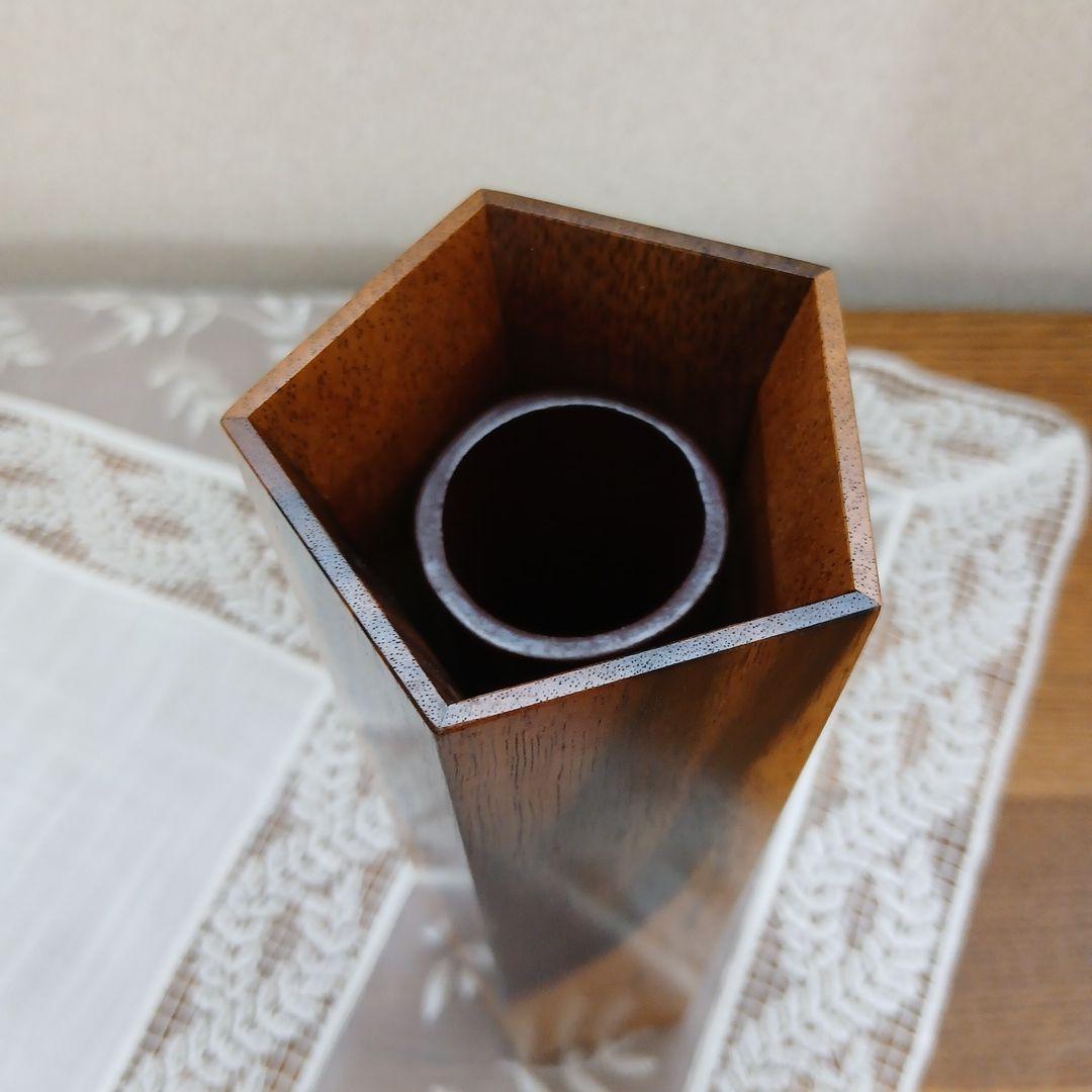 黒柿 五角形 壁掛け花器 花入れ 一輪挿し 中筒付き レトロ フラワーベース