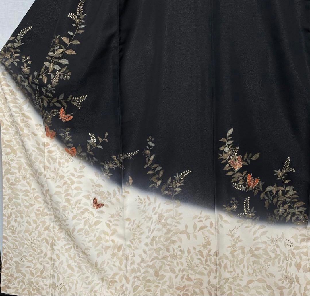 訪問着　黒　蝶々　金彩　正絹　着物　袷　美品
