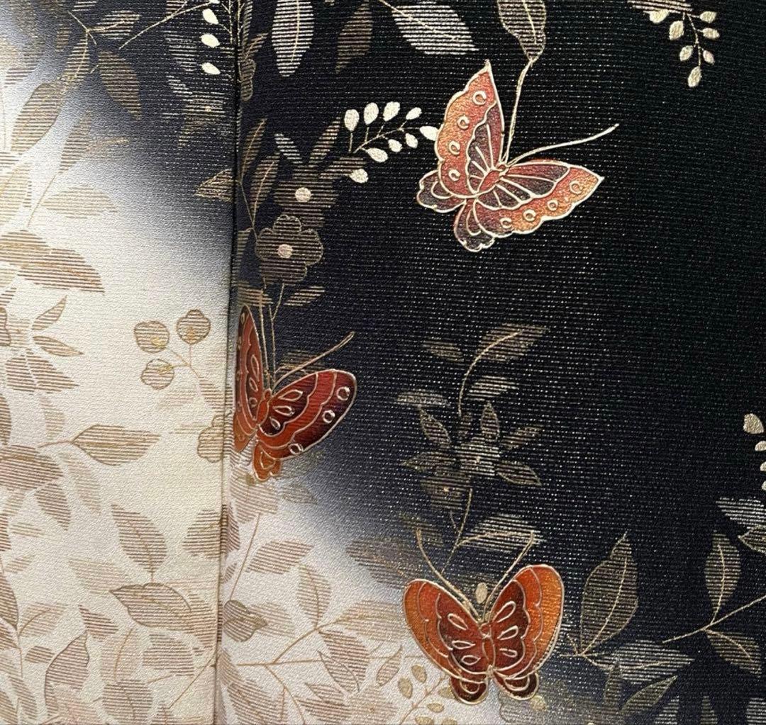 訪問着　黒　蝶々　金彩　正絹　着物　袷　美品