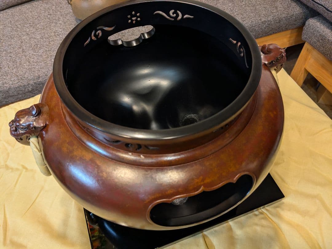 【新品 茶器/茶道具/風炉】平丸釜添 唐銅鬼面風炉 大國藤兵衛作 6代