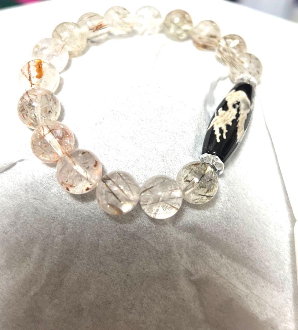 未使用希少五爪龍眼天珠カット水晶オレンジルチルクォーツ天珠