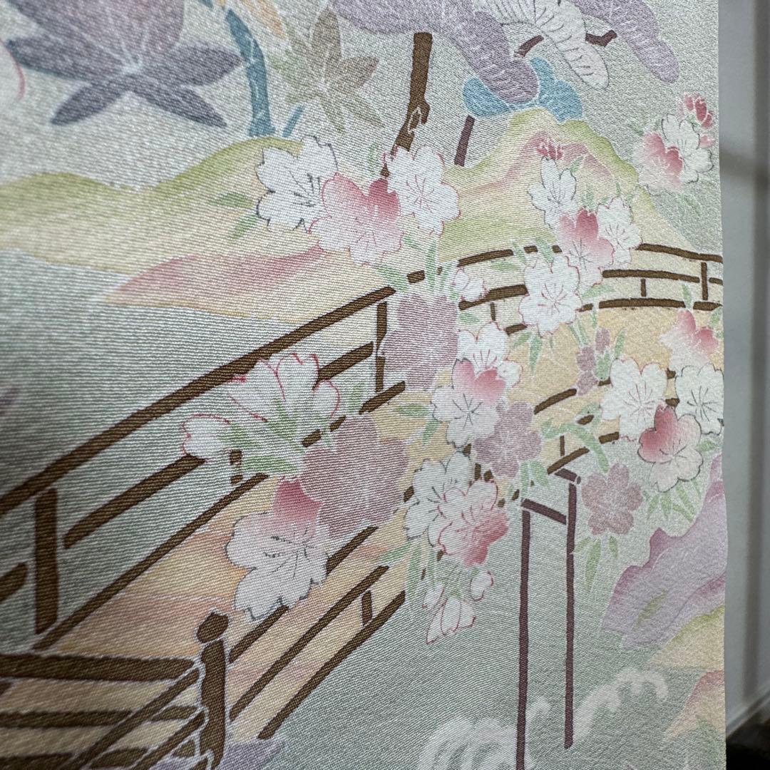 超美品　正絹　袷　訪問着　着物　160裄67 手書き友禅　風景　淡色　薄緑　桃色