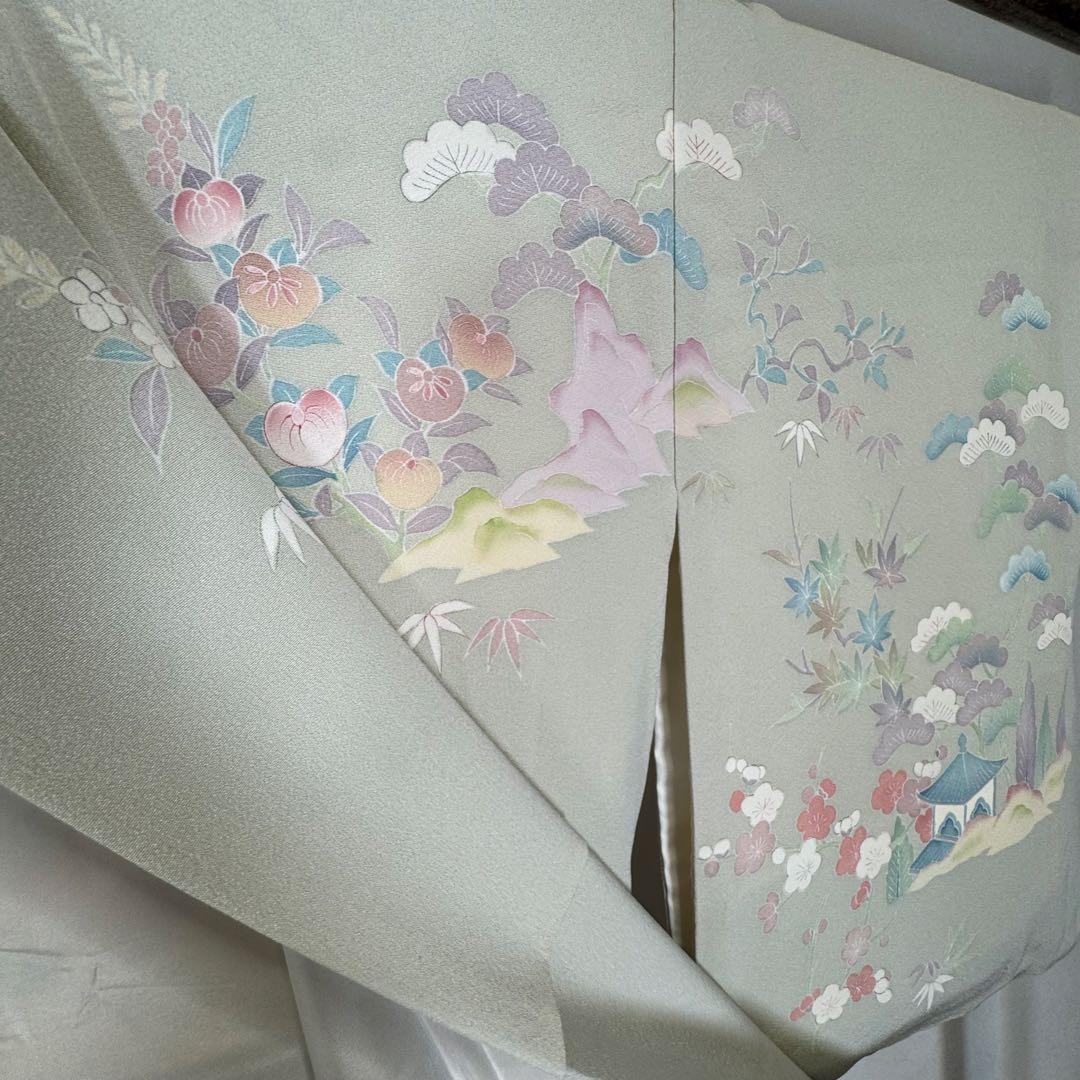 超美品　正絹　袷　訪問着　着物　160裄67 手書き友禅　風景　淡色　薄緑　桃色