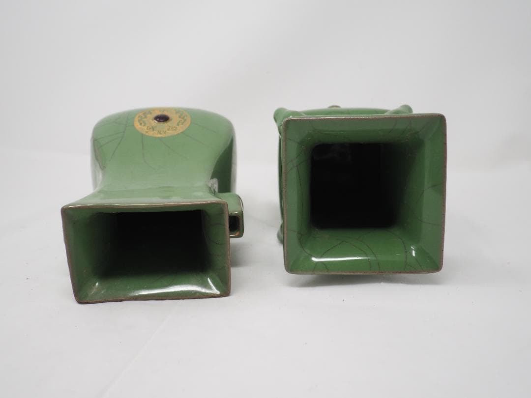 緑釉宝石嵌描金文字雙耳瓶　5セット　中国　宝石一つ欠け有　-SO