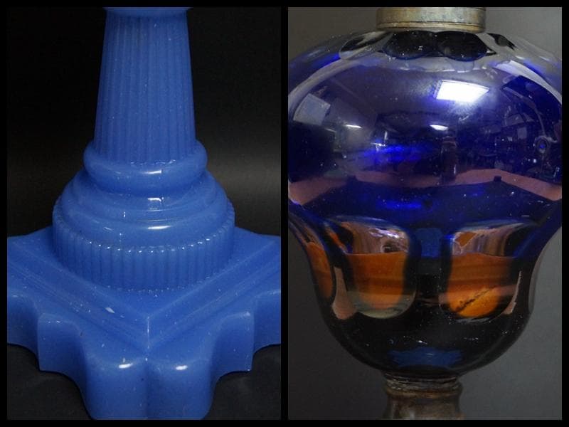 明治期 ガラス製大型オイルランプ花蕾型ランプ/切子油壷/ 水色練台座 台ランプ