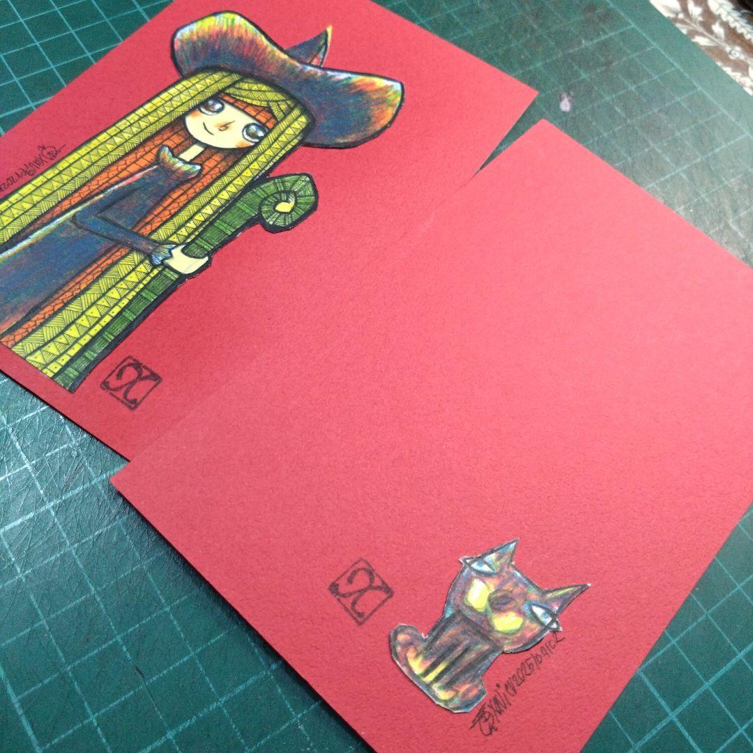 【ザビちゃん】【原画肉筆】魔女ちゃん&黒猫にゃん師匠(２枚組)