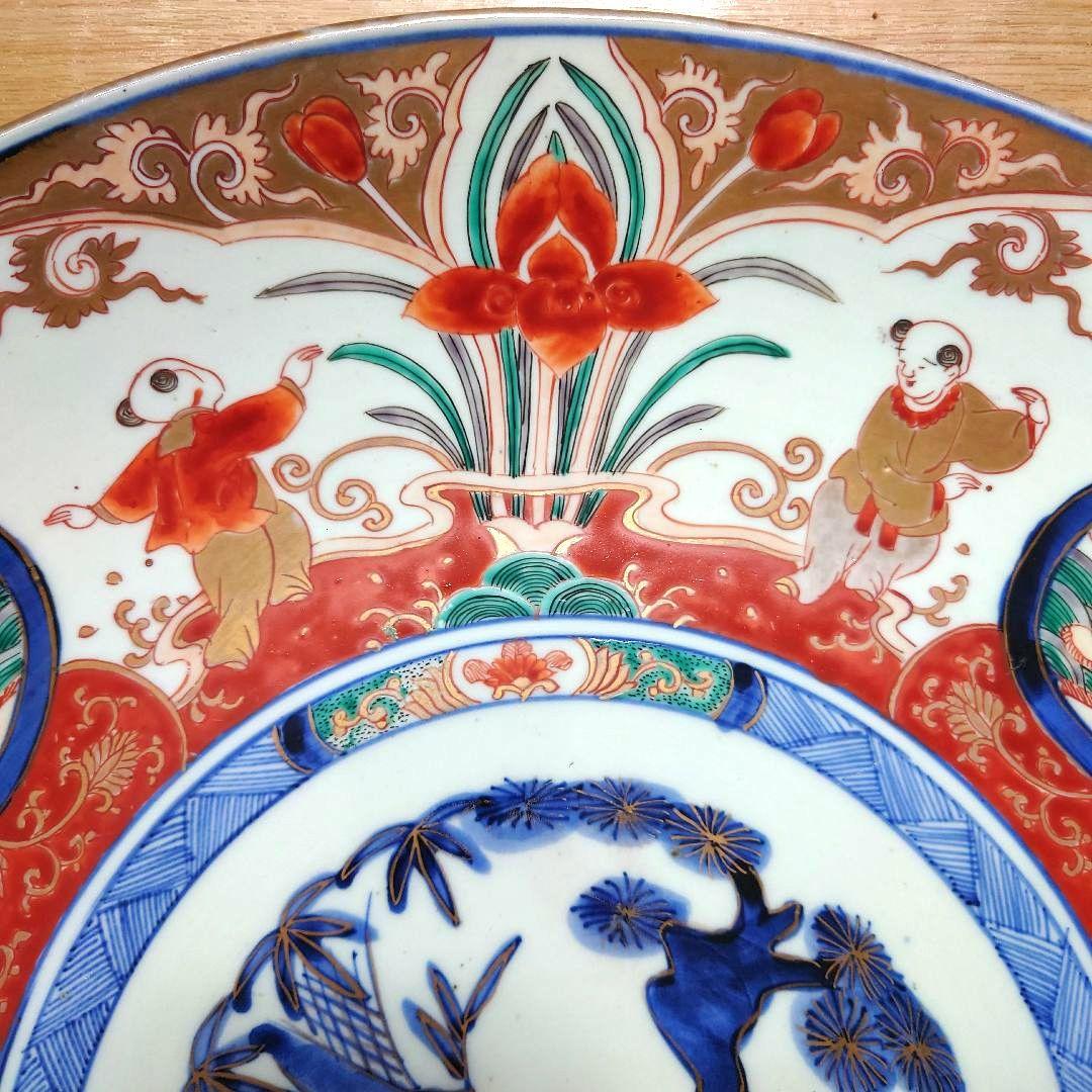 新春特価⚫希少特大皿⚫古伊万里色絵松竹梅花唐子図大皿⚫直径約46.5cm大正時代