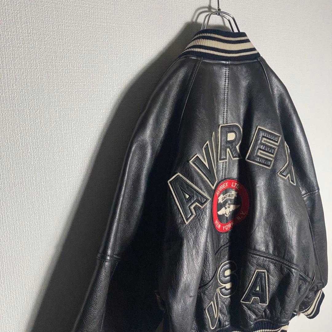 AVIREX スタジャン ラムレザー アーチロゴ 黒 S.