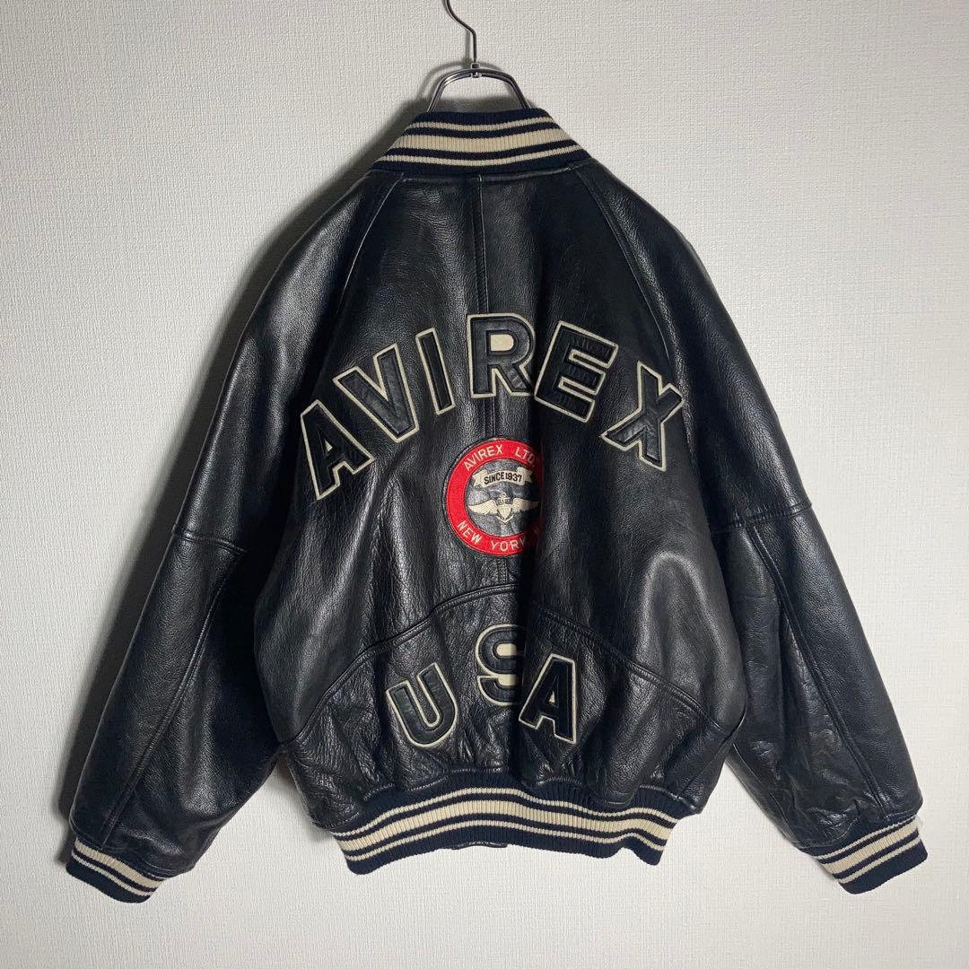 AVIREX スタジャン ラムレザー アーチロゴ 黒 S.