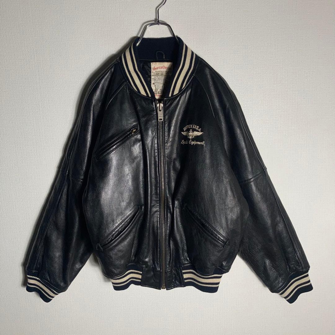 AVIREX スタジャン ラムレザー アーチロゴ 黒 S.