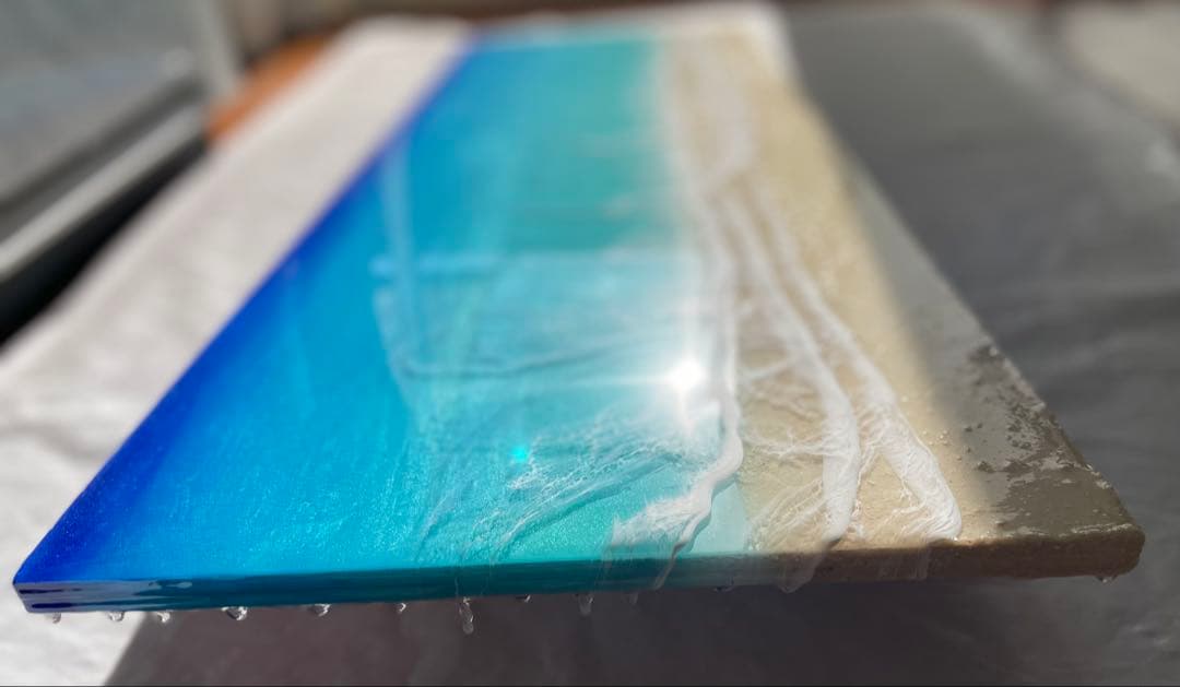 波3層　オーシャンレジン海アート　壁掛けアートロングパネル　W90㎝✖️H30㎝