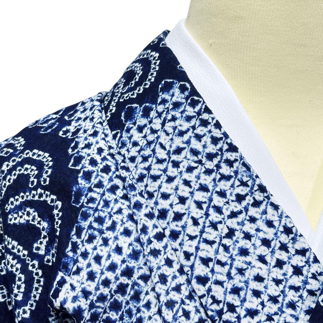 A84有松鳴海絞り 高級浴衣 花 綿　紺　美品　身丈165cm