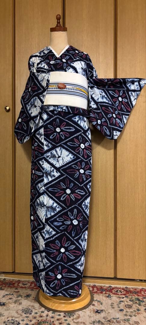 有松鳴海絞り　レトロ　巻き上げ絞り 藍染　花菱　ゆったりサイズ 半幅帯プレゼント