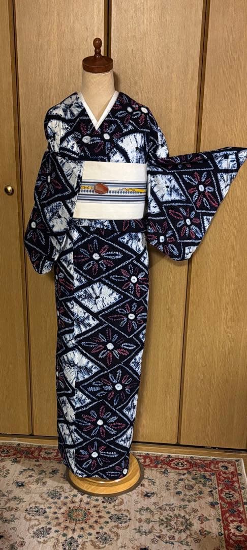 有松鳴海絞り　レトロ　巻き上げ絞り 藍染　花菱　ゆったりサイズ 半幅帯プレゼント